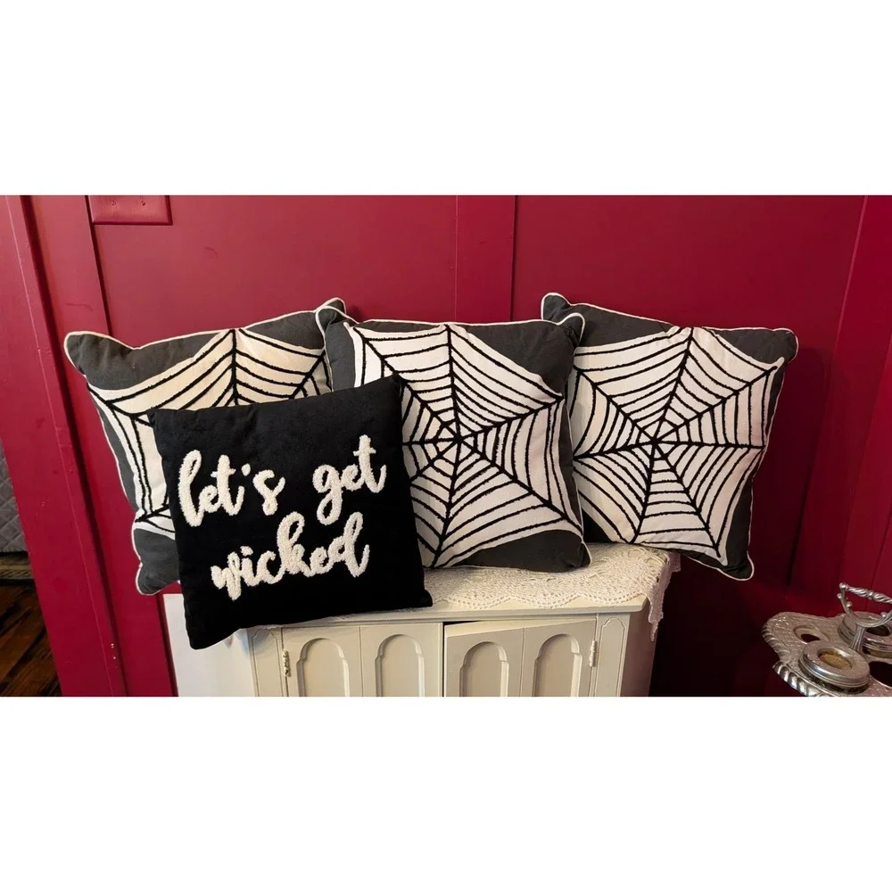 Set Of 4 Spider Web Punk Goth Halloween Black Decor Throw Pillows 16